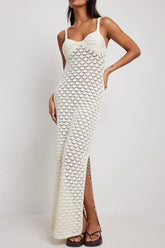 Crochet Irregular Neck Cami Hollow Out High Slit White Cover Up Maxi Dresses
